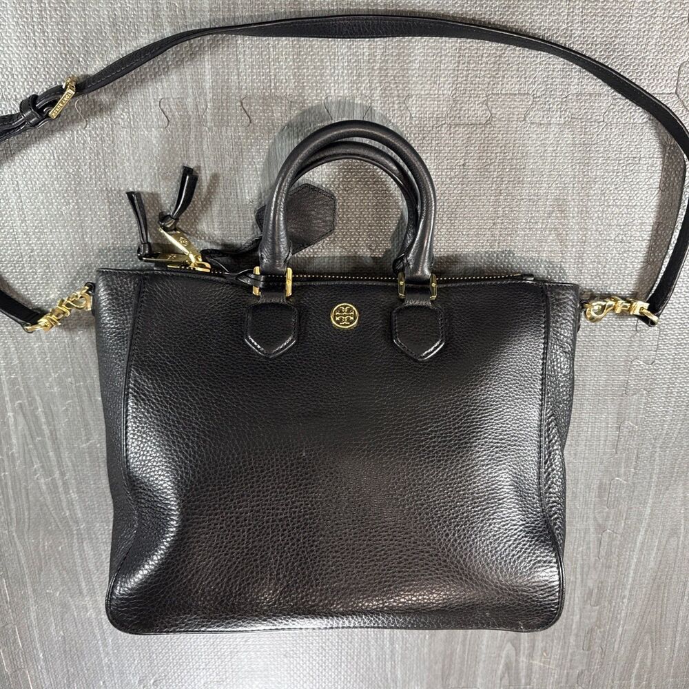 Tory Burch Robinson Pebbled Black Leather Satchel Tote Handles Strap